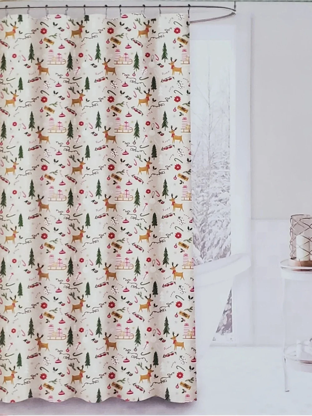 Twilight Town Christmas Reindeer Pink Peppermint Shower Curtain 72x72 NWT